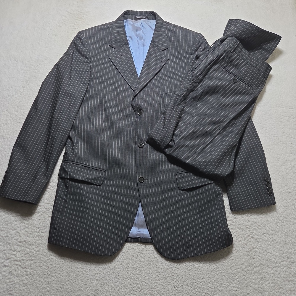 Custom Made Ermenegildo Zegna 100% Wool 2 Pc Suit Black Pinstripe Size 52 Italy